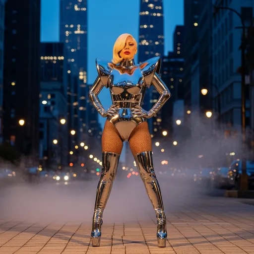 Prompt: Visualize Lady Gaga, her presence commanding and electric, adorned in breathtaking metallic bodywear designed by Schiaparelli. She stands in an opulent urban setting under a twilight sky, skyscrapers glimmering like jewels against the fading light. The ensemble reflects the environment, catching glimmers of streetlights and their warmth. A soft, ethereal haze envelops her, adding an element of mystique. Her pose is both powerful and graceful, as she gazes directly at the viewer with a mix of defiance and allure, her expression enigmatic. The overall mood is one of avant-garde elegance, with a sense of urgency and drama. This scene would benefit from a cinematic lighting style, emphasizing contrasts between shadow and light, evoking a high-fashion editorial feel.