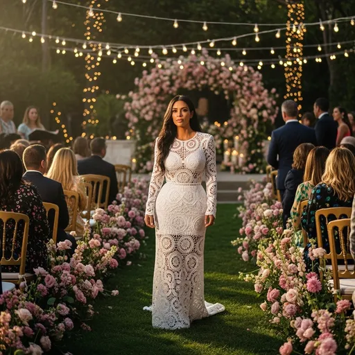 Prompt: Imagine a glamorous scene set in an opulent outdoor garden adorned with twinkling fairy lights and beautifully arranged floral displays, where Kim Kardashian gracefully stands at Jeff Bezos’ wedding. She wears an exquisite white crochet long tubino dress by Dolce&Gabbana, the intricate lacework catching the soft golden sunlight, casting delicate shadows on her skin. Her expression radiates confidence and sophistication, with a hint of playful allure as she engages with the guests around her. The air is filled with the gentle rustle of leaves and the aroma of fresh blooms, enhancing the festive atmosphere. A dreamy, cinematic lighting bathes the entire scene, making it feel almost ethereal, as laughter and soft music drift through the air.