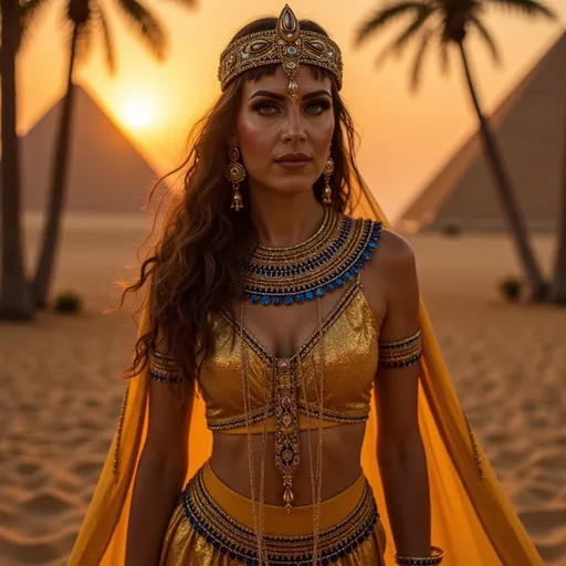 Prompt: Cleopatra, (regal and glamorous), depicted in luxurious ancient Egyptian attire adorned with gold and jewels, striking a confident pose, surrounded by a lavish backdrop of pyramids and palm trees, warm sunset casting vibrant shadows, intricate accessories, mysterious ambiance, (ultra-detailed), evocative and majestic.