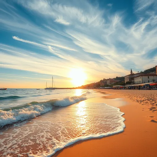 Prompt: (Sottomarina di Chioggia), serene coastal landscape, beautiful sandy beaches, (stunning sunset) reflecting on water, (colorful beach umbrellas), warm golden sand, vibrant waves splashing, picturesque buildings lining the shore, high depth cinematic quality, inviting atmosphere, peaceful vibe, coastal lifestyle, lush greenery in the background, wispy clouds in a clear blue sky, 4K ultra-detailed rendering.