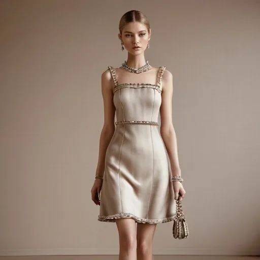 Prompt: (Chanel dress), elegant fashion, (high-fashion design), luxury style, delicate fabric, refined silhouette, captivating details, muted color palette, soft light, luxurious ambiance, chic accessories, high stitching quality, (4K), ultra-detailed fashion photography, sophisticated flair, timeless elegance, ambient background hinting at an upscale setting.