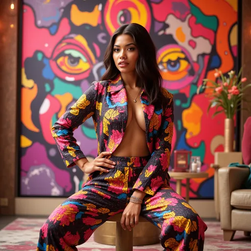 Prompt: Zendaya (elegant fashion model), stylish Louis Vuitton outfit, (vibrant Murakami patterns), dynamic pose, (high fashion), luxurious background featuring abstract art, bright colors, unique textures, soft lighting, (artistic fusion of elegance and contemporary design), ultra-detailed, 4K, captivating ambiance.