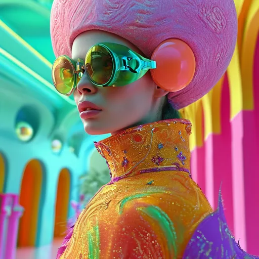 Prompt: (multiverse concept), vibrant colors, dreamy atmosphere, a mashup of different realities, abstract time and space elements, dynamic and colorful fashion display, futuristic and bold design influences, stylish accessories inspired by Paco Rabanne, surreal environments blending various iconic aesthetics, high detail and quality, artistic illustration, cinematic depth and richness, creating a striking visual narrative.