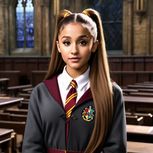 Prompt: Hyper realistic Ariana Grande as a very detailed ultra hd 64k 3d quality Hermione Granger at Hogwarts background 