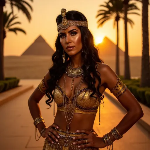 Prompt: Cleopatra, (regal and glamorous), depicted in luxurious ancient Egyptian attire adorned with gold and jewels, striking a confident pose, surrounded by a lavish backdrop of pyramids and palm trees, warm sunset casting vibrant shadows, intricate accessories, mysterious ambiance, (ultra-detailed), evocative and majestic.