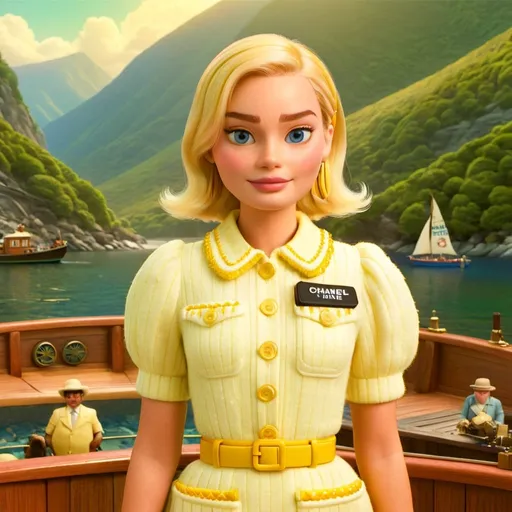 Prompt: Margot Robbie wearing Chanel outfit in a Wes Anderson scenario 