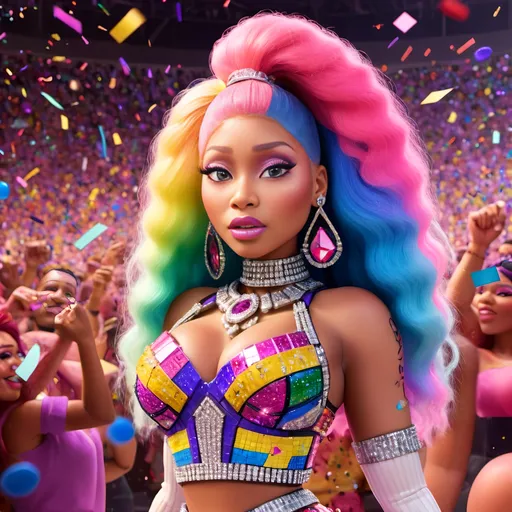 Prompt: (Ultra hyperrealistic photograph of Nicki Minaj), stunning pop star with bold makeup and colorful hair, wearing an extravagant outfit adorned with rhinestones, dynamic pose showcasing confidence, glamorous stage background with bright lights and confetti, captivating atmosphere, conveying energy and excitement, (highly detailed, 4K resolution), fashion-forward, eclectic style, unapologetic attitude.