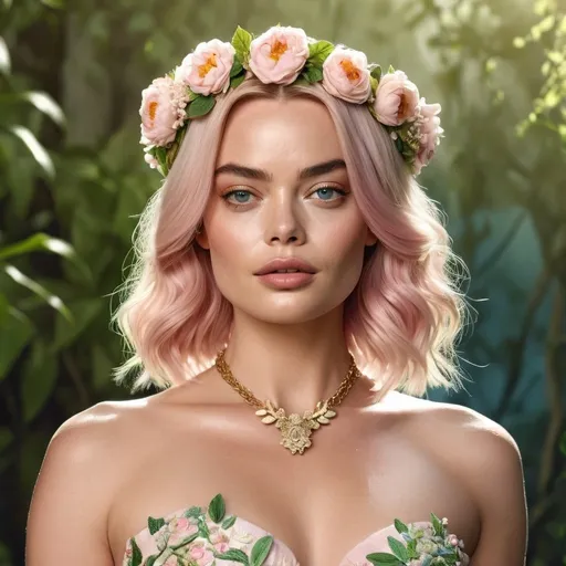 Prompt: HD 4k 3D Margot Robbie hyper realistic, professional modeling, ethereal Greek goddess of spring, pastel pink hair, pale skin, gorgeous face, floral embroidered gown, pastel jewelry and floral crown, full body, embodiment of Springtime, lush greenery, vegetation, and flora, detailed, elegant, ethereal, mythical, Greek, goddess, surreal lighting, majestic, goddesslike aura