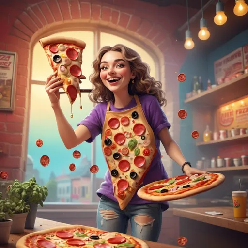 Prompt: (pizza personification), colorful illustration depicting a lively character with cheesy features, wearing toppings as attire, cheerful expression, and relaxed pose, a vibrant backdrop of a pizzeria with warm lighting, inviting atmosphere, high detail, showcasing creativity and whimsy, fun vibe, ultra-detailed 4K quality.