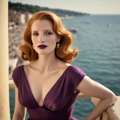 Prompt: Jessica Chastain as Greta Garbo in Lido di Venezia  during 40s wearing a violet dress and a dark lipstick 