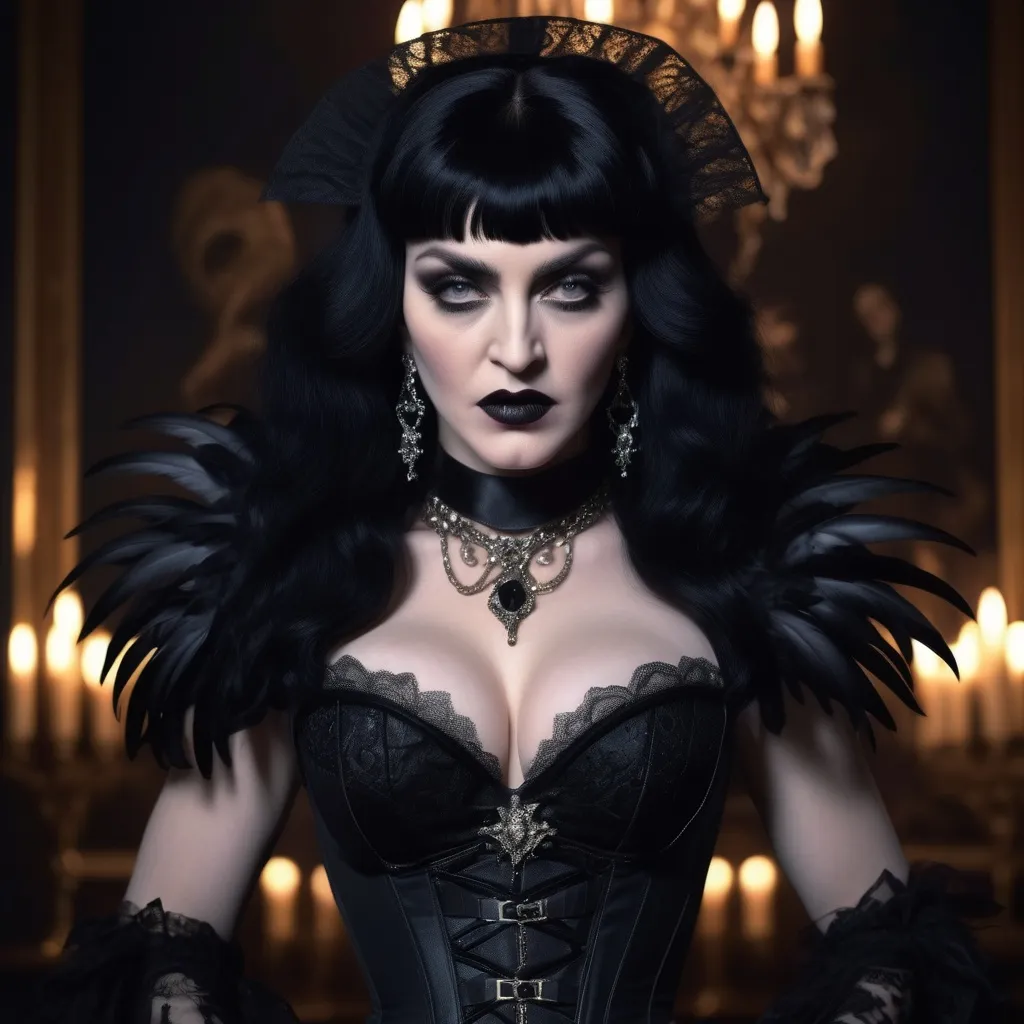 Prompt: (Madonna as Elvira), (gothic glamour), elaborate feathered black wig, striking makeup with pale skin and dark lipstick, stunning corset dress adorned with lace, dramatic collar, (intense expression), hot pose, (moody lighting highlighting features), (mysterious atmosphere), (luxurious, dark) background, 4K ultra-detailed, cinematic quality, a fusion of pop royalty and spooky elegance.