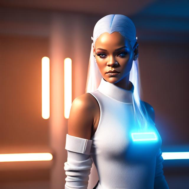 Prompt: Dressed like a very realistic Rihanna Robotic Pleiadian Nordic blonde from the Galactic Federation of Light,  high resolution, 3D render, style of cyberpunk 