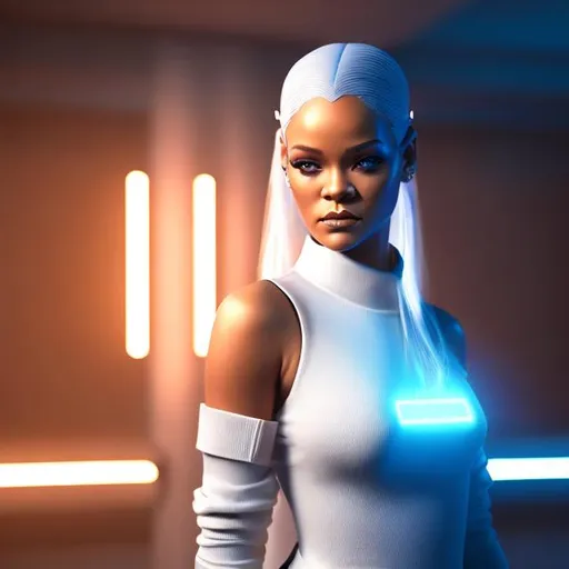 Prompt: Dressed like a very realistic Rihanna Robotic Pleiadian Nordic blonde from the Galactic Federation of Light,  high resolution, 3D render, style of cyberpunk 