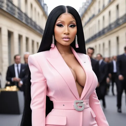 Prompt: Photorealistic Nicki Minaj wearing Pierre Cardin and makeup 
in Paris 