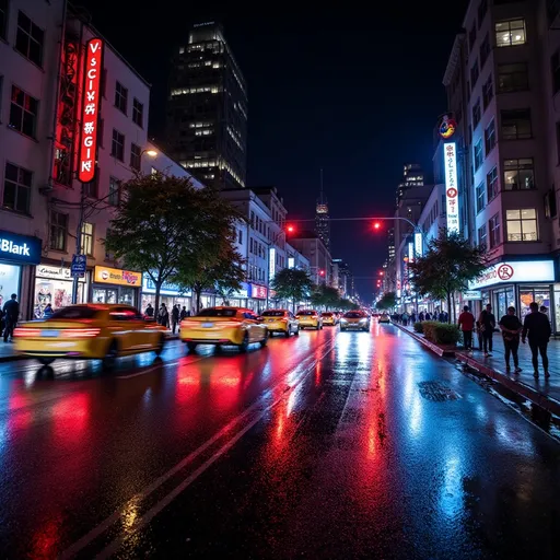 Prompt: (vibrant traffic city lights at night), illuminated buildings, bustling streets, neon reflections on wet pavement, dynamic cars passing by, lively atmosphere, whimsical color splashes of reds, blues, and yellows, high contrast and deep shadows, (cool tones), ultra-detailed, HD, cinematic ambiance, capturing the essence of urban energy and movement.