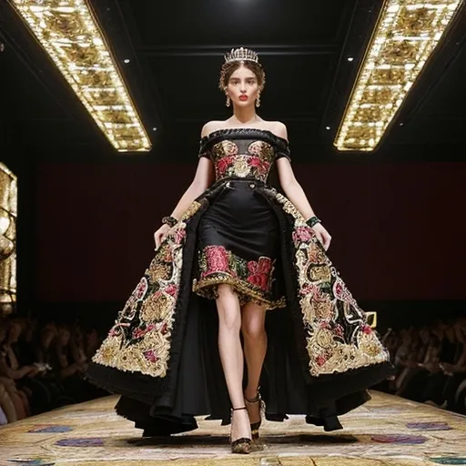 Prompt: (Dolce&Gabbana-inspired fashion look), vibrant colors, luxurious textures, intricate patterns, elegant clothing design, high-fashion aesthetic, sophisticated atmosphere, glamorous setting, ultra-detailed, stylish accessories, artistic flair, cinematic lighting, opulent backdrop, runway-inspired, capturing the essence of luxury and Italian elegance, appealing to a fashion-centric audience.