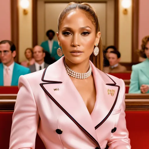 Prompt: Hyper realistic Jennifer Lopez wearing a Miu Miu outfit in a Wes Anderson Movie 