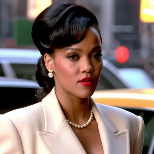 Prompt: Rihanna wearing a very accurated look as a manager in the 1980s in New York 3d quality 64k Hd 