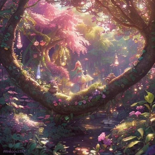 Prompt: (Anale), whimsical illustration, colorful and lively, enchanting atmosphere, fantasy elements, magical creatures, intricate details, soft-focus background, warm light filtering through trees, serene and inviting vibe, high-quality artwork, bright and vivid colors, 4K resolution, imaginative scene encouraging escapism.