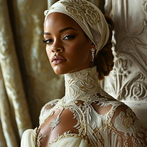 Prompt: Rihanna (blonde), wearing a delicate Dior outfit, showcasing intricate details, soft fabrics, and elegant design, evoking luxury, subtle glamour, high fashion, softly lit atmosphere, classy background, rich textures, dreamy colors, ultra-detailed, high-quality image, captures an essence of sophistication and grace.