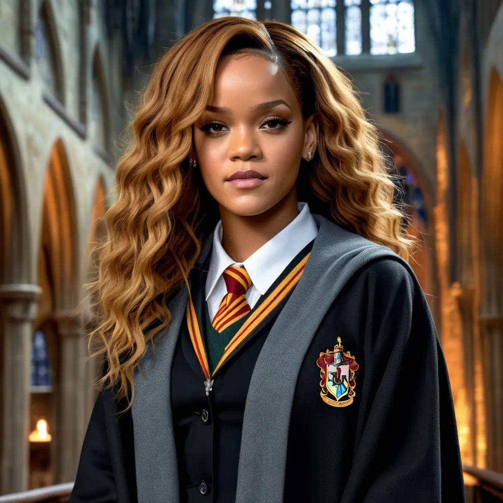 Prompt: Hyper realistic Rihanna as a very detailed ultra hd 64k 3d quality Hermione Granger at Hogwarts background 