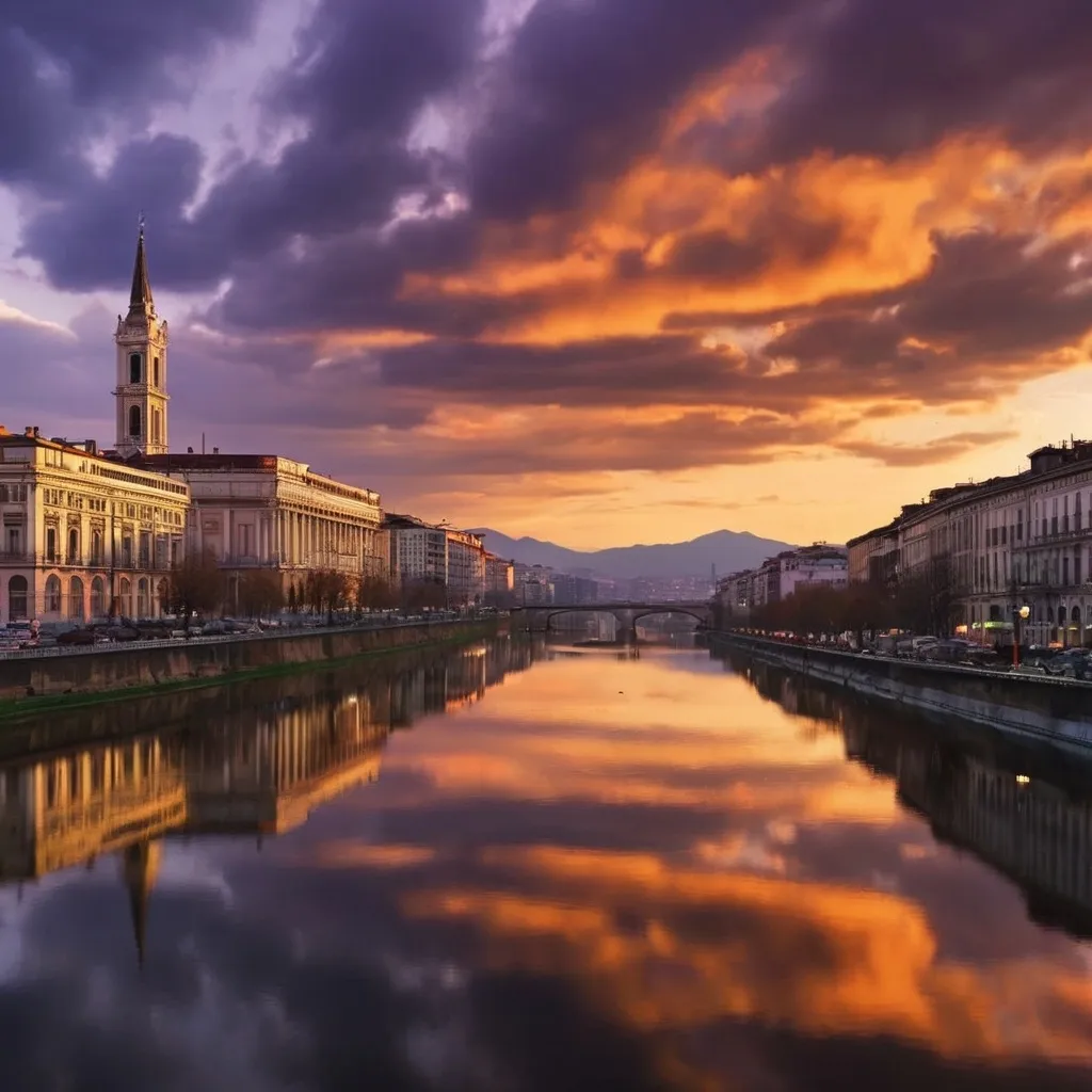 Prompt: (Torino) skyline at sunset, capturing iconic architecture, atmospheric reflections, and the warm glow of the setting sun. Dramatic clouds converge with deepening hues of orange and violet, enhancing a breathtaking panorama. Nostalgic vibe, with people leisurely walking in the streets. (High definition), showcasing the city's charm and elegance in every detail.