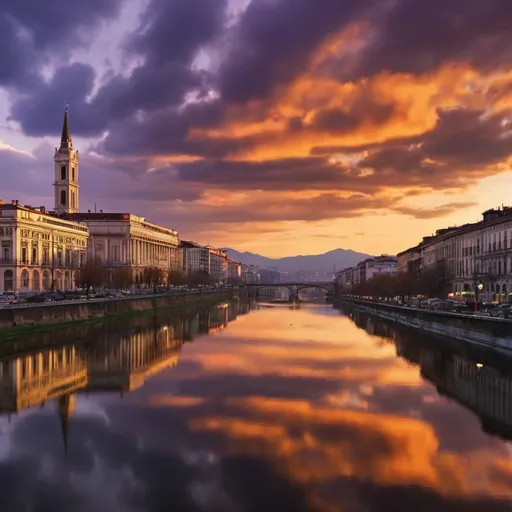 Prompt: (Torino) skyline at sunset, capturing iconic architecture, atmospheric reflections, and the warm glow of the setting sun. Dramatic clouds converge with deepening hues of orange and violet, enhancing a breathtaking panorama. Nostalgic vibe, with people leisurely walking in the streets. (High definition), showcasing the city's charm and elegance in every detail.