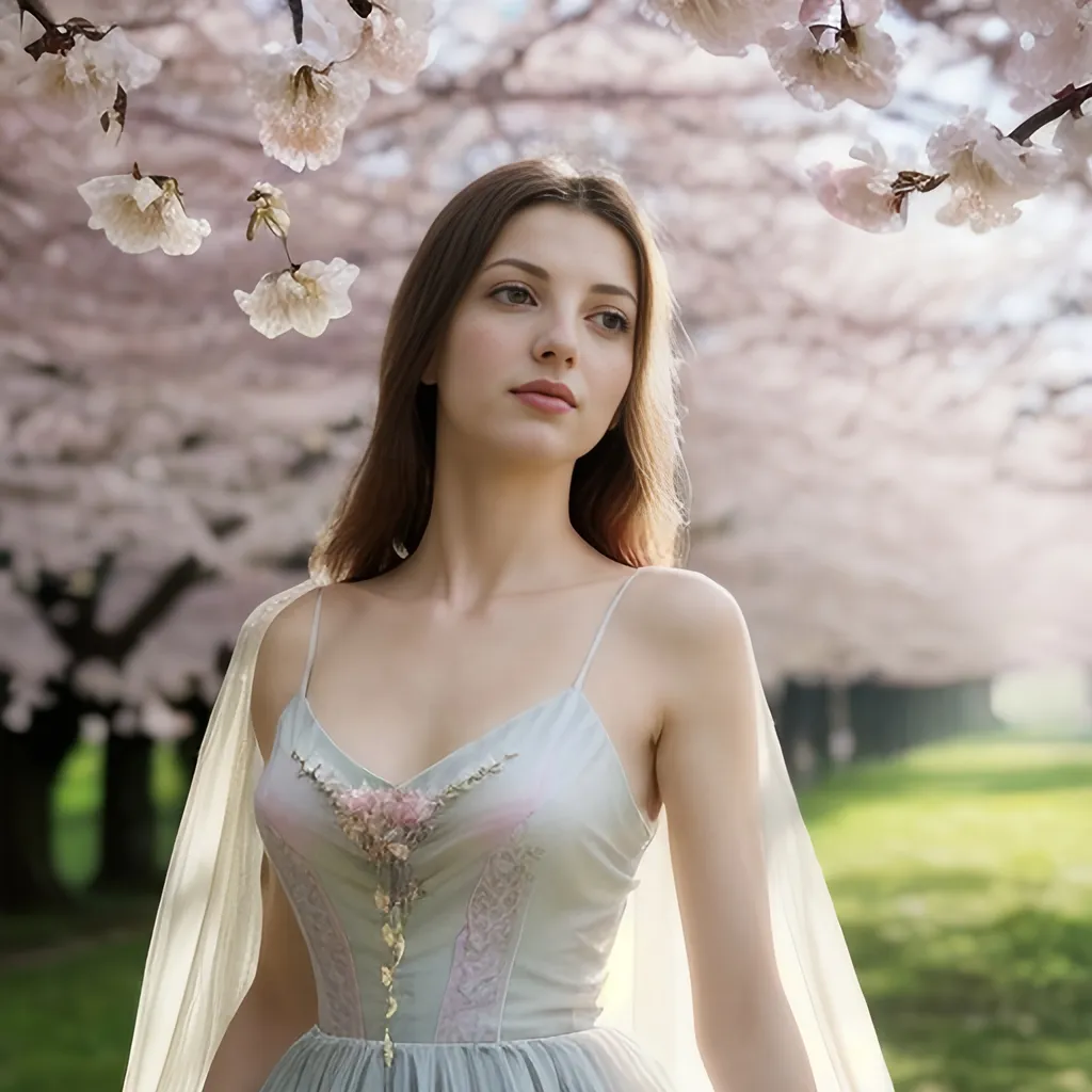 Prompt: Annalisa Scarrone, (concept character), elegant pose, expressive eyes reflecting mystery, flowing dress in soft pastel colors, serene background of blooming cherry blossoms, gentle sunlight streaming through, dreamy ambiance evoking calmness and enchantment, intricate details on fabric, high-quality 4K resolution, ultra-detailed, whimsical atmosphere capturing the essence of fantasy and wonder.