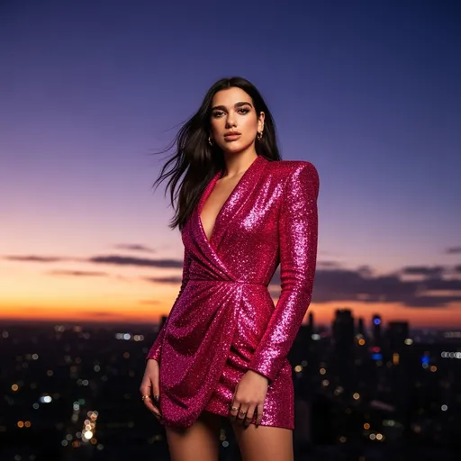 Prompt: Imagine Dua Lipa standing confidently against a backdrop of a glamorous city skyline at twilight, the sky awash in hues of deep purple and orange as the sun sets. She wears a stunning Versace dress crafted from shimmering glittered and lurex fabric in a striking shocking pink, which glistens with every movement, catching the fading light like a beacon of vibrance. Her hair flows elegantly, catching the soft breeze, while her expression exudes poise and charisma. Surrounding her, city lights begin to twinkle, reflecting a sense of excitement and energy in the air. The scene can be rendered in cinematic lighting, highlighting the textures of the dress and the dynamism of the urban environment.