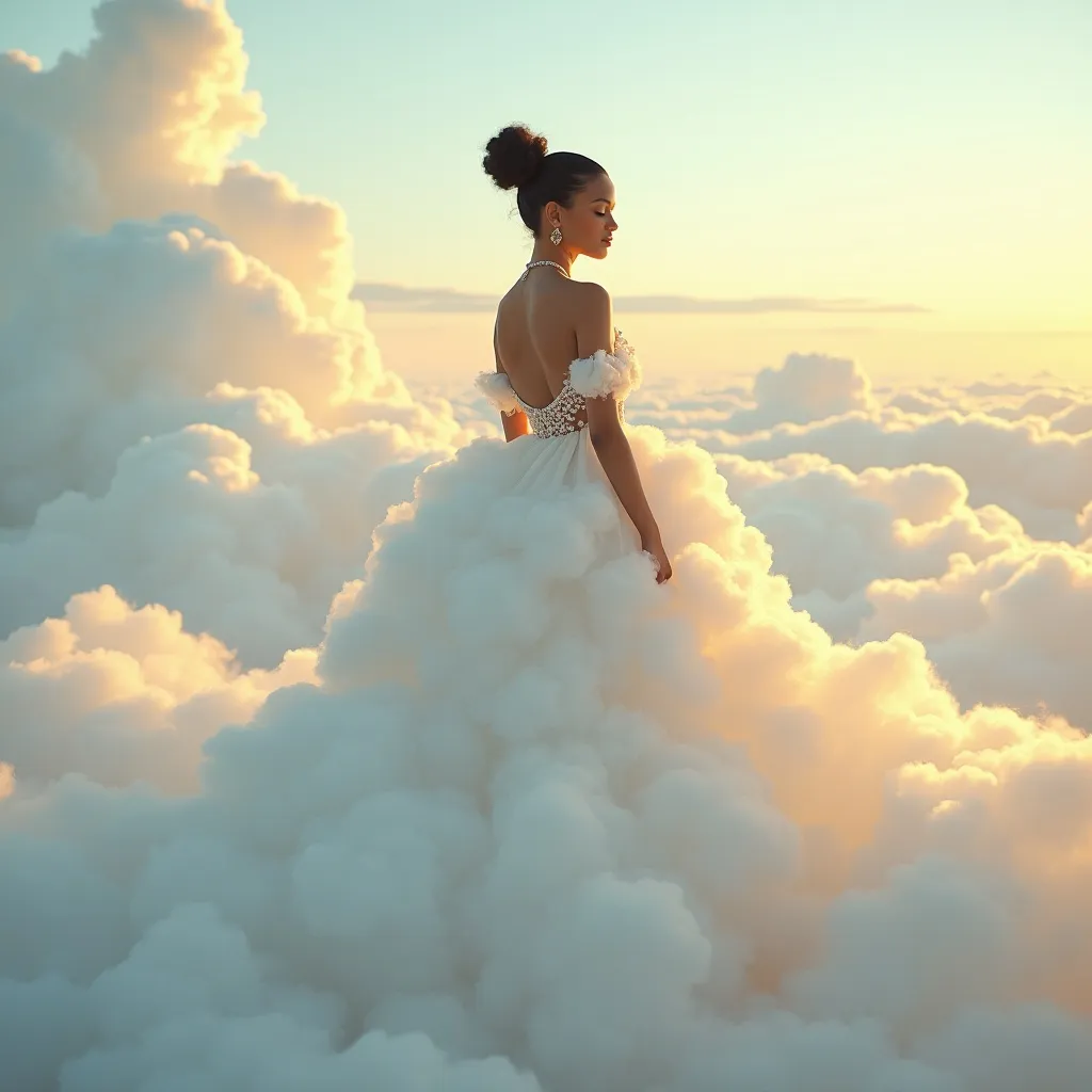 Prompt: (Rihanna in a stunning dress made of clouds), ethereal clouds enveloping her, whimsical and dreamy atmosphere, (Gucci design), soft flowing fabric blending with the sky, light and airy tones, warm sunlight filtering through, peaceful and serene ambiance, ultra-detailed, high quality, surrealist style, heavenly background with soft gradients and fluffy cloud formations.