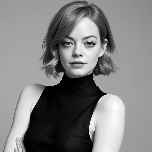 Prompt: Fashion photography Emma Stone in classic black and white style, crisp details, very high contrast, elegant avantgarde poses, vintage aesthetic, herb ritts, studio setting, minimalistic composition, high quality, classic, black and white, elegant poses, crisp details, high contrast, studio setting, minimalistic composition, white background
