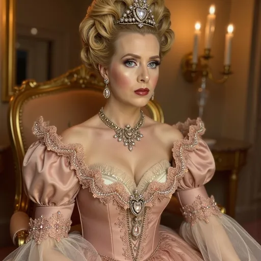 Prompt: Marie Antoinette, (opulent) 18th-century French fashion, lavish pastel colors, intricate lace detailing, (extravagant) ornate furniture, (soft) candlelight ambiance, luxurious palace backdrop, (historical) regal elegance, dramatic regal expression, (detailed clothing) elaborate gown with accessories, ultra-detailed, high quality, 4K resolution, cinematic masterpiece.