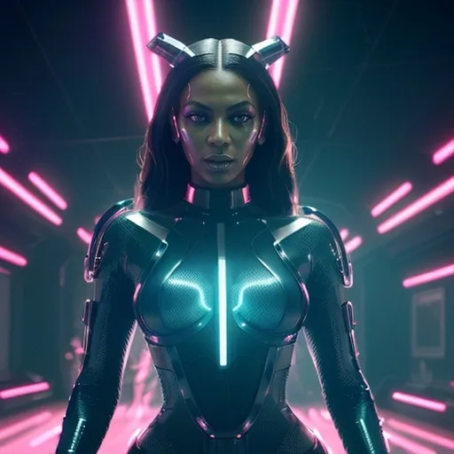 Prompt: Beyoncé (as a Mugler cyborg), futuristic fashion, sleek metallic body suit, glowing LED accents, striking makeup with vibrant colors, (bold accessories), intricate detailing in design, dynamic pose, cyberpunk atmosphere, urban background with neon lights, (high intensity), (vivid contrast), expressive and captivating vibe, 4K ultra-detailed, cinematic feeling capturing the interplay of technology and elegance.