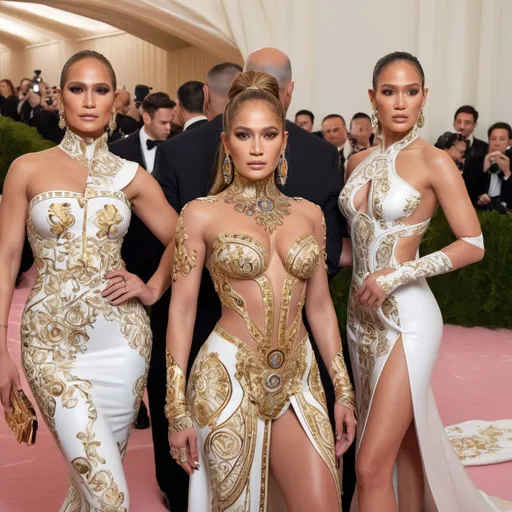 Prompt: Realistic depiction of the Met Gala event, Jlo attendees in Versace high fashion outfits, detailed facial expressions and accessories, red carpet glamour, intricate embroidery and luxurious fabrics, photorealistic, high quality, detailed realism, Met Gala, celebrity fashion, red carpet, luxurious fabrics, detailed facial expressions, glamorous event, intricate embroidery, high fashion, accessories, photorealism, realistic lighting