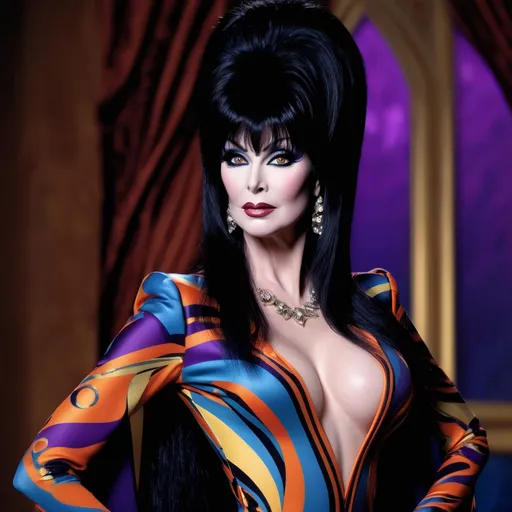 Prompt: Elvira in (stylish) Pucci attire, (elegant pose) exuding confidence, vibrant colors and patterns reflecting the iconic design, featuring flowing fabrics, dramatic makeup accentuating a spooky allure, (senspired lighting) casting an enchanting glow, against a (moody) backdrop that enhances the overall mysterious vibe, (ultra-detailed) and striking, capturing the essence of haute couture with a gothic twist.