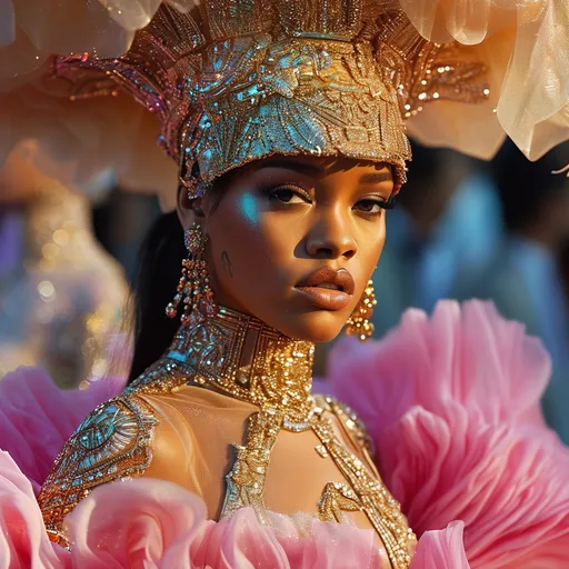 Prompt: (central content: Rihanna wearing a stunning outfit from Dior), (high fashion), chic attitude, glamorous pose, luxurious details, elegant accessories, vibrant colors, dynamic fabric flow, softly blurred background, emphasizing fashion show ambiance, (ultra-detailed), striking lighting, captivating expression, radiant beauty, fashion-forward aesthetics.