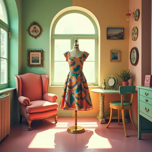 Prompt: Moschino dress as in a Wes Anderson dream 