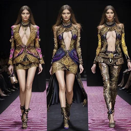 Prompt: (Roberto Cavalli fashion design), glamorous and high fashion, bold patterns, vibrant colors, luxurious details, exotic textures, elegant silhouettes, runway-ready look, high-quality fabrics, artistic flair, stylish poses, contemporary vibe, upscale ambiance, vivid and dramatic flair, intricate designs, (ultra-detailed) 4K quality.