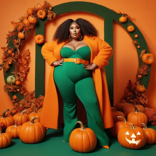 Prompt: Lizzo as the central figure, (Halloween-inspired look), (pumpkin motifs), fashionable Jacquemus style, vibrant orange and green color palette, whimsical and playful ambiance, highly detailed textures and patterns, dynamic pose, surrounded by a festive autumn backdrop, warm golden lighting, (ultra-detailed), the essence of style mixed with seasonal charm.