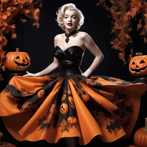 Prompt: (Marilyn Monroe) wearing a (vibrant Lacroix dress) inspired by pumpkins and Halloween, dramatic orange and black colors, flowing and elegant fabric capturing the essence of autumn, (high depth cinematic masterpiece), soft ambient lighting emphasizing her iconic features, whimsical Halloween-themed background with subtle spooky elements, ultra-detailed.