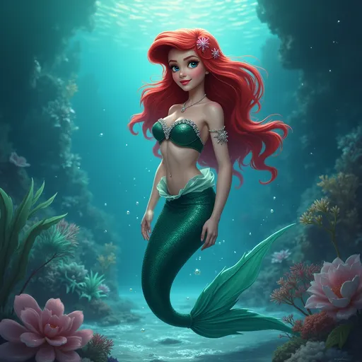 Prompt: (Ariel the Mermaid), (fashionable outfit), wearing Rabanne design, vibrant colors, ocean backdrop, waves gently flowing, whimsical atmosphere, magical underwater lighting, shimmering details, high-quality, ultra-detailed, enchanting scene, playful expression, artistic flair blending fashion and fantasy, captivating artistic composition, aquatic elements surrounding, dreamlike ambiance.