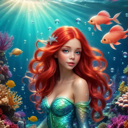 Prompt: Ariel, (ocean goddess), vibrant underwater scene, mystical sea creatures, flowing red hair, radiant scales, (enchanted bubbles), shimmering light rays filtering through water, tranquil and magical ambiance, lush coral reef background, (4K resolution), ultra-detailed features, captivating colors, emphasizing the beauty of marine life and fairy-tale elements.