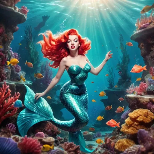 Prompt: (Marylin Monroe as Ariel), vibrant underwater scene, ethereal mermaid tail, flowing red hair, enchanting ocean background with vibrant coral reefs, shimmering light reflections, dreamy atmosphere, whimsical and magical elements, captivating expression, surrounded by colorful sea creatures, soft glimmering water, 4K ultra-detailed, cinematic quality, imaginative blend of iconic styles.