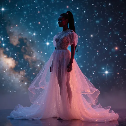 Prompt: Alek Wek in a (delicate Miu Miu outer space dress), ethereal beauty, cosmic theme, elegantly posed, vibrant starry background filled with twinkling galaxies, soft glowing nebulae, ethereal lighting highlighting the subtle colors of the dress, high-fashion allure, serene yet otherworldly ambiance, ultra-detailed, 4K quality, capturing the essence of a celestial fashion journey.