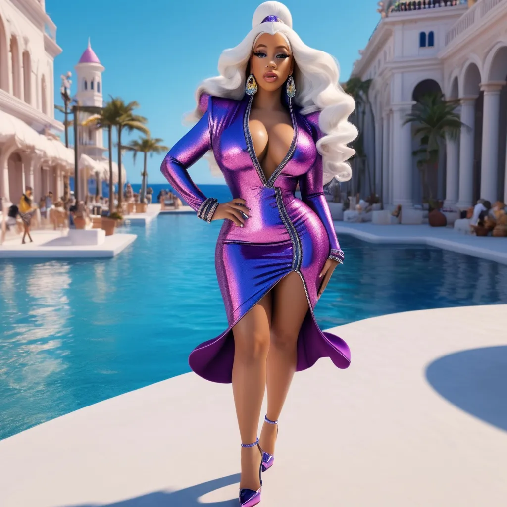 Prompt: Hyper realistic 64k 3d Ursula from The Little Mermaid as Cardi B in hyper realistic and very detailed 64 3d hd, wearing Pucci and heels outfit, very detailed Pucci dress 64k Reflex ultra hd quality and very detailed Pucci heels 64k ultra hd quality 