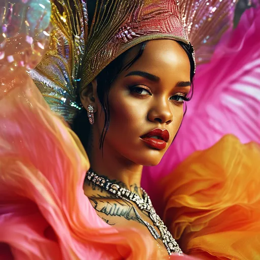 Prompt: (central content: Rihanna wearing a stunning outfit from Dior), (high fashion), chic attitude, glamorous pose, luxurious details, elegant accessories, vibrant colors, dynamic fabric flow, softly blurred background, emphasizing fashion show ambiance, (ultra-detailed), striking lighting, captivating expression, radiant beauty, fashion-forward aesthetics.