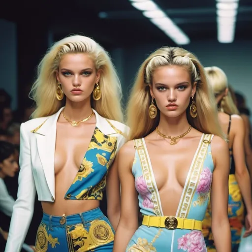 Prompt: (Versace 90s show), vintage fashion, analogic photorealistic, glamorous, stylish hyper realistic models on runway, high fashion outfits, iconic 90s aesthetics, 90s fashionable accessories, retro background, ultra-detailed, 4K, trendy hyperrealistic hairstyles, cinematic 90s analogic quality, nostalgic, magazines, 90s resolution