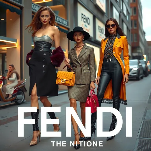 Prompt: (Fendi logo), luxury fashion, (elegant style), high-end designer clothing, chic clothing patterns, (luxurious textures), sophisticated colors, opulent accessories, contemporary urban background, (glamorous ambiance), sleek lines, modeled by fashionable individuals, striking poses, (ultra-detailed), high fashion editorial scene, dramatic lighting, vibrant contrast, showcasing luxury aesthetics, capturing the essence of Fendi’s unique style.