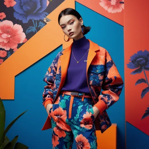 Prompt: Kenzo look, (vibrant colors), fashion-forward outfit, (dynamic patterns), bold floral designs, contemporary streetwear, model posing confidently, (energetic vibe), high-contrast lighting, urban background with a textured wall, stylish accessories, (ultra-detailed), impeccable silhouette, emphasizing modern aesthetics, (eye-catching visuals)