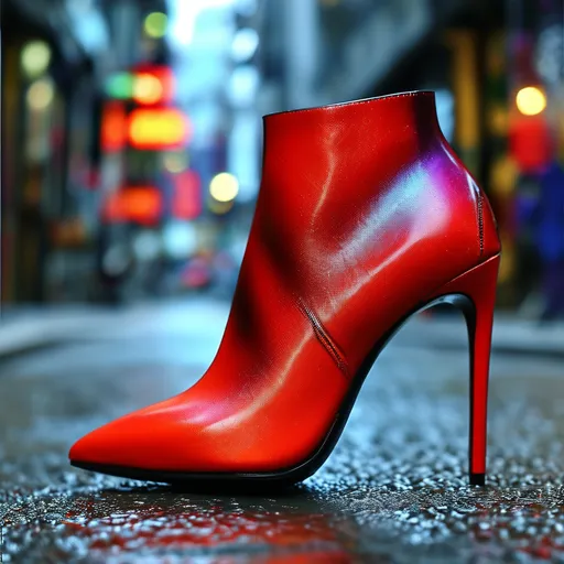 Prompt: (high heels boots), sleek and stylish design, polished leather texture, shiny metallic accents, vibrant colors and patterns, dramatic lighting to highlight curves, urban street background with city ambiance, artistic focus on footwear, modern and trendy. High-quality resolution, perfect for fashion enthusiasts.